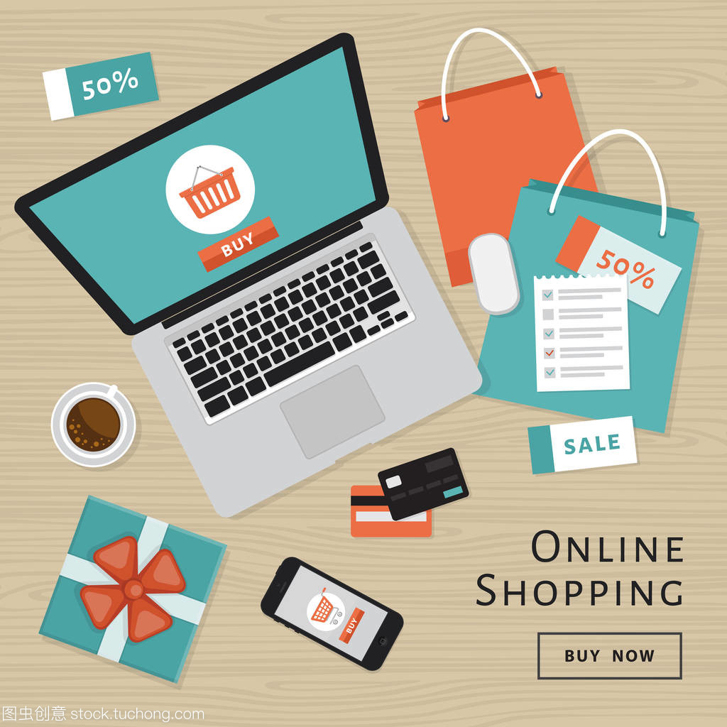 網上購物的概念。在線商店對象和橫幅。表與筆記本電腦, 購物袋, 信用卡, 禮品和優惠券。平面樣式, 矢量插圖